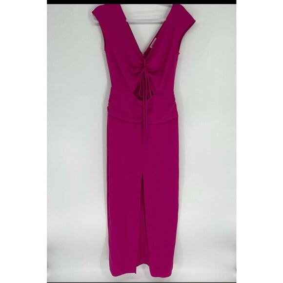 Lovers + Friend Womens Small Long Sheath Dress Pink V Neck Ruched Bodycon Waist - Picture 1 of 10